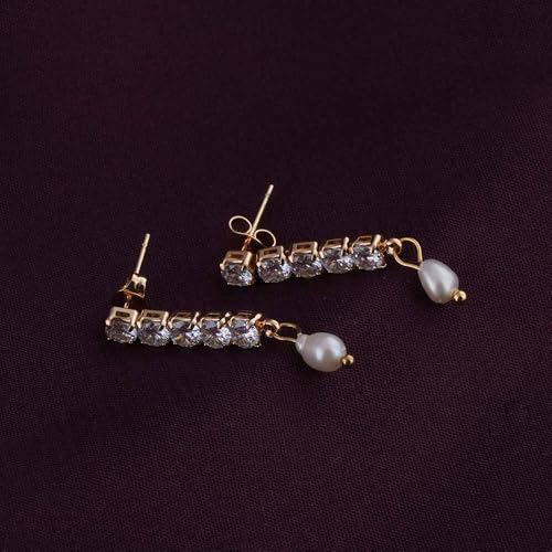 Image of PALMONAS 18k Gold Plated Pearl Drop Diamond Earring for Women - Gift for Girls & Women | Waterproof & Anti-Tarnish Earrings