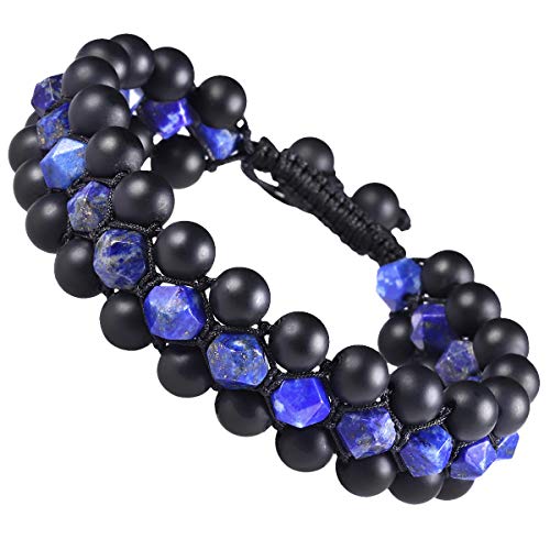 TUMBEELLUWA Lapis Lazuli 8mm Handcrafted Strand Crystal Stone Bracelet Adjustable Healing Reiki Polishing Quartz Beads Bracelet for Meditation Power Three-layer