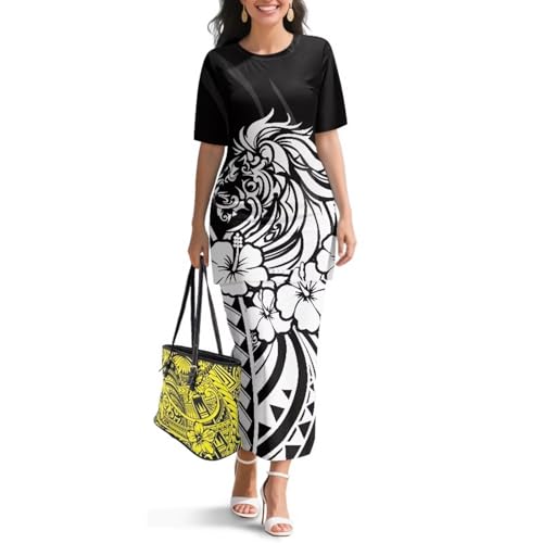 Image of Puletasi Polynesian Tribal Clothing Two Piece Skirt Set for Women Outfits Short Sleeve Top High Waist Midi Skirt