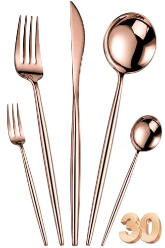 Image of Slim Handle Rose Gold 30 Pcs Stainless Steel Cutlery Set for Dining Table, Dishwasher Safe Glossy Flatware (6 Spoon Set+6 Forks Set+6 Butter Knife+6 Dessert Spoon+ 6 Fruit Fork)