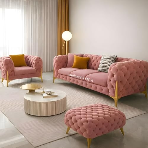 Image of A to Z Furniture Modern Classic Fabric & Valvet Tufted Chesterfield Sofa Living Room and Office (3+1= 4 Seater Sofa Set Wth Footrest Ashrose)