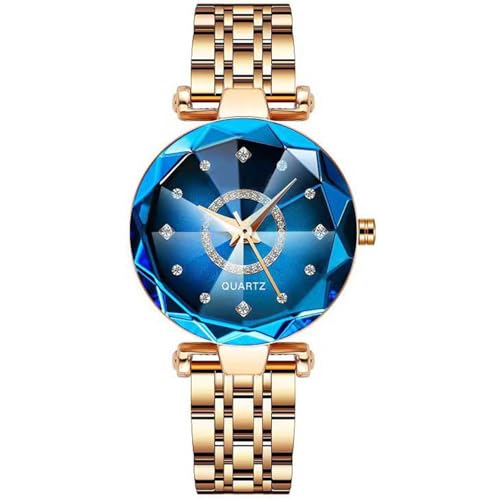 Montre femme or rose en acier inoxydable avec cristaux bleus de luxe