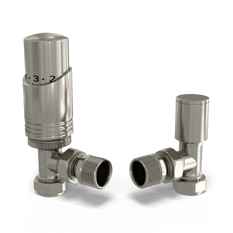 UK Radiators Satin Nickel Radiator Valves 15mm Angled Lockshield Valve in Satin Nickel and Polished Finish
