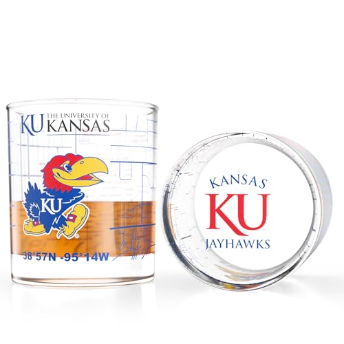 Image of Greenline Goods - University of Kansas Jayhawks College Whiskey Glasses (Set of 2), 10 oz - Full-Color Logo + Campus Map