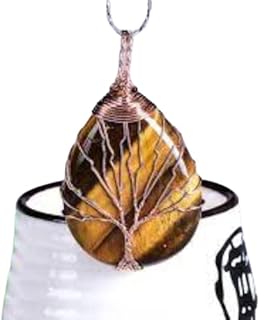 Marka Jewelry Natural Tiger Eye Gemstone with Tree Of Life Engraved Drop Shape Crystal Pendant for Healing Crystal Pendant Jewelry for Men Women Charm Necklace
