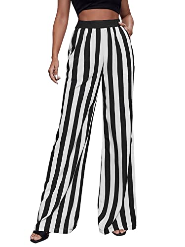 SweatyRocks Women's Striped Extra Long High Waited Wide Leg Pants Loose Casual Trousers with Pockets