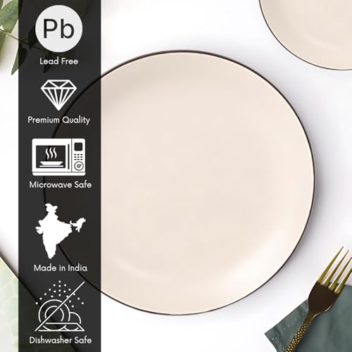 Image of Freakway Hand Painted Ceramic Dinner Set of 4 Pcs | 2 Stoneware Dinner Plates (10.6 Inch) and 2 Bowl /Katori (3.93 Inch and (170 Ml) | Microwave & Dishwasher Safe - Ivory White
