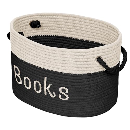 Book Basket - 15 x 11 x 9 Book Storage Bin - Black and White Nursery Book Bin - Baby Book Basket - Embroidered Bin For Baby Shower, Playroom, Nursey, Bedroom, Living Room