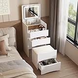 FUFU&GAGA Vanity Desk with Flip Top Mirror and Lights, Small Makeup Vanity Set with Glass Shelf, Space Saving Dressing Table with 3 Drawers & Cushion Stool for Bedroom, White 18.7”W x 15.7”D x 47.2”H