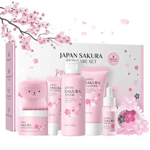 Sakura 8-Tlg Hautpflege Set für Teenager Mädchen, Hydrating Skincare Set, Beauty Geschenkset Frauen für Gesicht Reinigung & Skincare, Pflegeset Damen mit Reiniger,Toner,Serum,Gesichtscreme,Augenserum