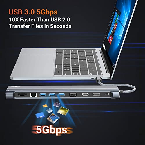 USB C Docking Station Dual Monitor, Laptop Dock with 3 USB 3.0, HDMI, DisplayPort, VGA, Gigabit Ethernet, SD/TF Slots, 3.5mm Audio/Mic,100W PD Port for HP Dell Lenovo Thunderbolt 3/4 USB C Laptops