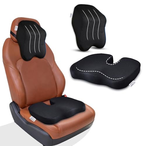 Image of GADDA CO Car Neck & Coccyx Cushion Combo - Memory Foam Neck Rest Pillows & Tailbone Seat Cushions for Driving & Office, Cervical & Sciatica Pain Relief, Mesh Black, Pack of, 2-Year Warranty