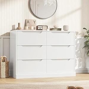 HOSTACK Modern 6 Drawer Dresser for Bedroom, Double Chest of Drawers with Storage, Large Wooden Storage Dresser Organizer with Cut-Out Handles, Accent Storage Cabinet for Living Room, Entryway, White HOSTACK Modern 6 Drawer Dresser for Bedroom Double Chest of Drawers with Storage Large Wooden Storage Dresser Organizer with Cut Out Handles Accent Storage Cabinet for Living Room Entryway White