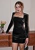 GOBLES Women's Elegant Long Sleeve Square Neck Ruched Waist Velvet Bodycon Mini Party Dress Black #4