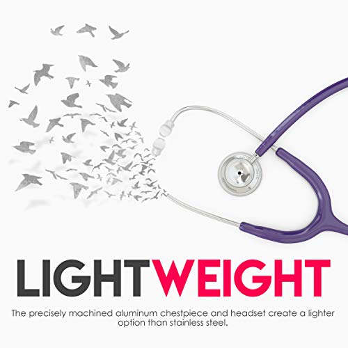 Image of MDF Instruments, Acoustica Lightweight Stethoscope for Doctors, Nurses, Students, Home Health Use, Adult, Dual Head, Purple Tube, Silver Chestpiece-Headset, MDF747XP08 | Dual Head, rotating chestpiece, Lifetime warranty, Free-Parts-for-Life, Latex-free, For doctors, nurses, students home health