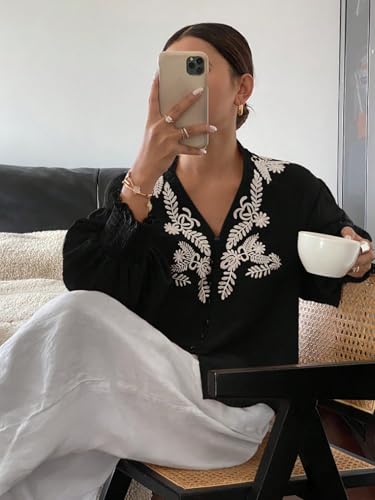 Women's Embroidered Puff Sleeve Blouse, Vintage Floral Boho V-Neck Button Down Shirts with Smocked Cuffs3