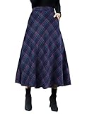 IDEALSANXUN Women’s Elastic High Waist Woolen Swing Skirt Thicken Winter Warm Plaid Aline Retro Long Skirts (Medium, Navy)