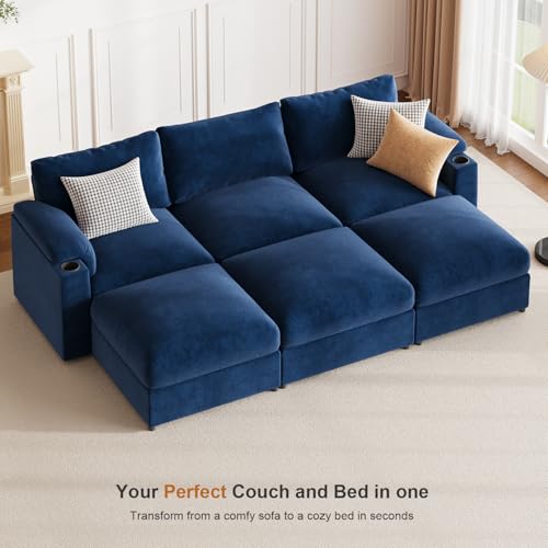 Image of Sectional Couches for Living Room FSC Certified Chenille Modular Couch Oversized Cloud U Shaped Convertible Sleeper Sofa Chaise Detachable Armrest Cushion (Velvet Blue, U Shape 6 Seat)