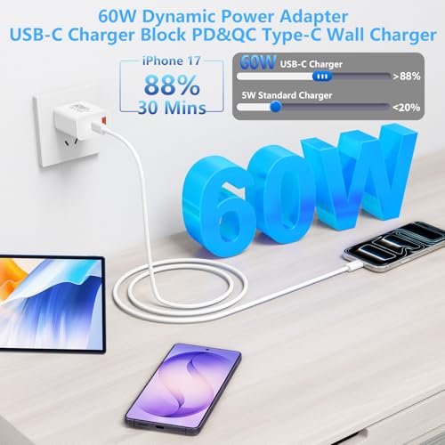 Image of [Apple MFi Certified] iPhone 17 16 Charger Fast Charging, Stuffcool 4Pack 60W Dynamic Power Adapter Dual Port USB C Charger PD&QC Type C Wall Charger + 6FT Type C Cable for iPhone 17 /17 Pro /16 /15 /iPad