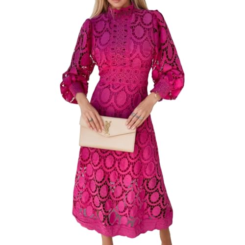 TIAFORD Women's Fall Lace Embroidered Eyelet Dress Party Puff Long Sleeve Hollow Out A Line Midi Dresses for Women