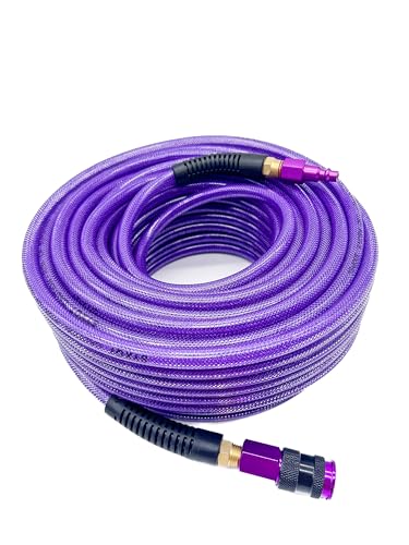 SYXQT Polyurethane(PU) 1/4-Inch Reinforced,Air Hose with 1/4” Swivel Industrial Quick Coupler and Plug,Bend Restrictor (Purple, 100FT)