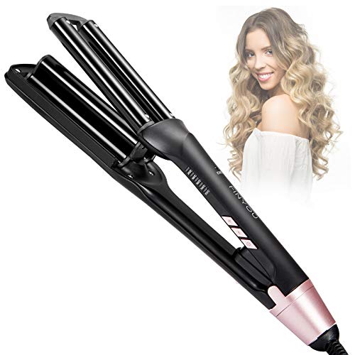 3 Barrel Curling Iron,FINYOU Ceramic Tourmaline Crimper Hair Iron, Negative Ion Curling Wand Hair Waver, Fast Heating & Adjustable Temperature Hair Crimper Beach Waves Curling Iron （Black）