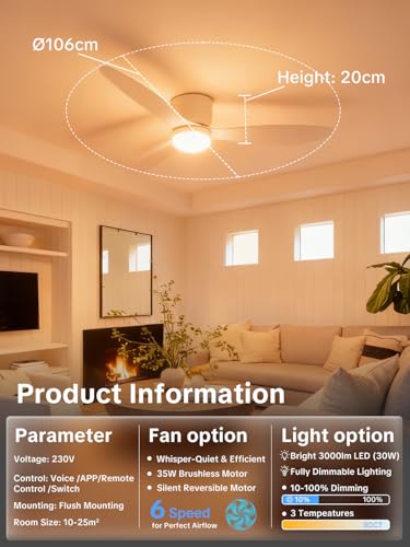 ycwdcz Smart Ceiling Fans with Lights, 42” Low Profile Flush Mount for Bedroom, WiFi Voice Control via Alexa/Google Home, Quiet DC Motor, Dimmable LED 3 Colour Temps, 6 Speeds, Reversible – White - Image 5