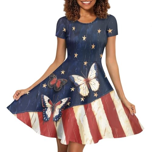 Image of HUGS IDEA Womens Puffy Swing Midi Dress Round Neck Short Sleeve Party A-Line Dresses