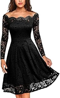 MISSMAY Women's Vintage Floral Lace Long Sleeve Boat Neck Cocktail Party Swing Dress (Medium, Black)