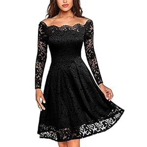 MISSMAY Women's Vintage Floral Lace Long Sleeve Boat Neck Cocktail Party Swing Dress (Large, Black)