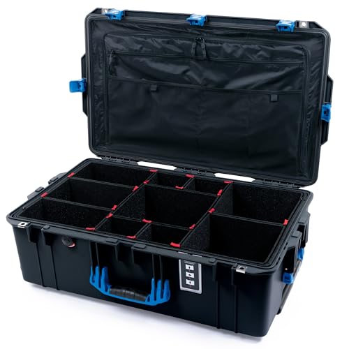 ColorCase Pelican 1595 Case Black - Large Sized Waterproof Case with TrekPak Divider System & Combo Pouch Lid Organizer- Blue Handles & Latches