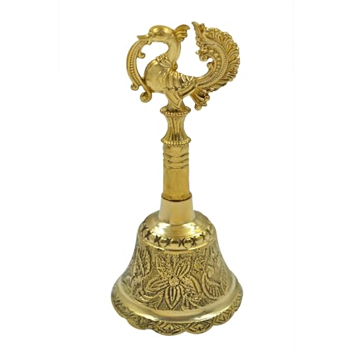 Image of Craftvatika Brass Hand Bell for Pooja Ghanti for Mandir, Peacock Design Hand Bell Ghanti, Pooja Decoration Items, Home and Office Temple Prayer, Festive Decor Bells (11.5 CM Height, Golden)