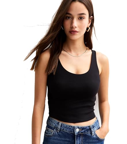 Image of Scoop Neck Tank Crop Top, Stretchable Cotton, Sleeveless, Slim Fit, Black, for Women