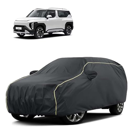 Image of Sulfar 100% Water Resistant Car Body Cover Compatible with Mirror for Kia Syros (Triple Stitched, Full Bottom Elastic, Dark Grey Tafetta with Yellow Piping)