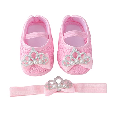 Baby Shoes with Hair Band Fashion Soft Soled Infant Shoes Versatile Dress Flower Princess Shoes Size 3 Girls Shoes (Pink, 4.5 Infant)
