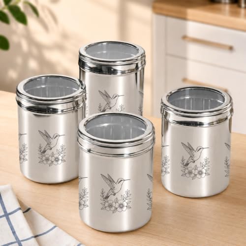 Image of Nestasia Stainless Steel Jars with Lid Set of 4 (1.25L Each) - Airtight & Rust-Resistant Container for Kitchen Storage | Top Window Dabba with Etched Bird Design - Ideal for Snacks, Cookies & Pulses