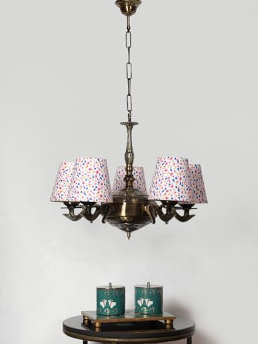 Image of Devansh 05 Lights Printed conical Cotton Shade with Antique Golden Chandelier -C