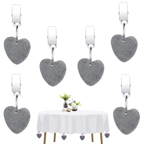 Forhome 6 pesos para mantel con forma de corazón, soporte para mantel de piedra natural con clips, diseño de corazón gris, juego de pesos para mantel para familia, exteriores, fiestas, camping, bodas,