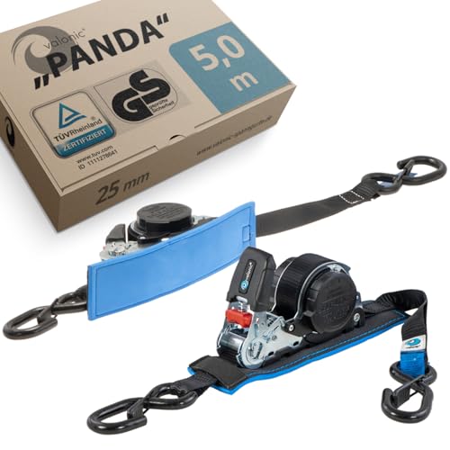 valonic Panda - 2X 5m Automatik Spanngurt mit Haken, gepolstert, 25mm, 300/600Kg, TÜV Rheinl. / GS Zertifiziert, EN 12195-2 - Spanngurte mit Ratsche, Zurrgurte für Motorrad, Auto, SUP schwarz