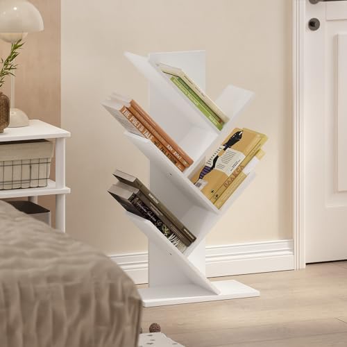 Image of Furinno Tree Book Shelf, 5-Tier Bookshelf with Angled Open Shelf, Tree Bookcase for Room Decor, 8.4 x 15.7 x 30.3, for Organization and Storage, for Living Room, Bedroom, Home Office, White