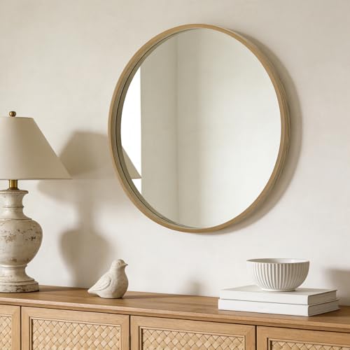 Image of WallBeyond Round Mirror with Wood Frame, 28 inch Circle Modern Decoration Large Home Decor Mirror for Bathroom Living Room Bedroom Entryway (28 inch Diameter, Natural Wood)
