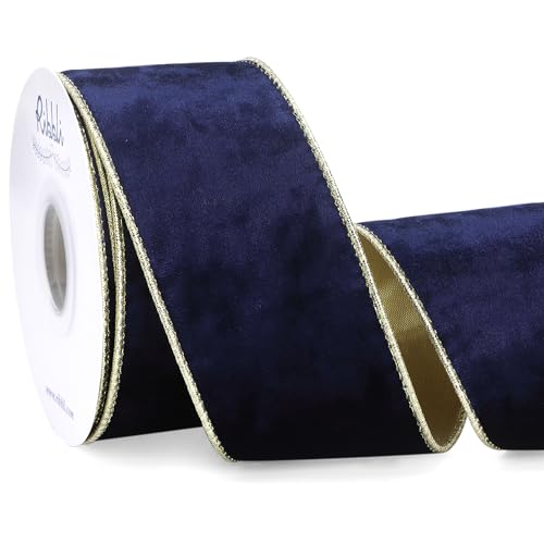 Image of Ribbli Navy Velvet Wired Ribbon 2.5 Inch Metallic Navy Blue Gold Crushed Velvet Christmas Ribbon for Gift Wrapping Christmas Tree Decoration Crafts Wreaths Supplies-Continuous 10 Yards