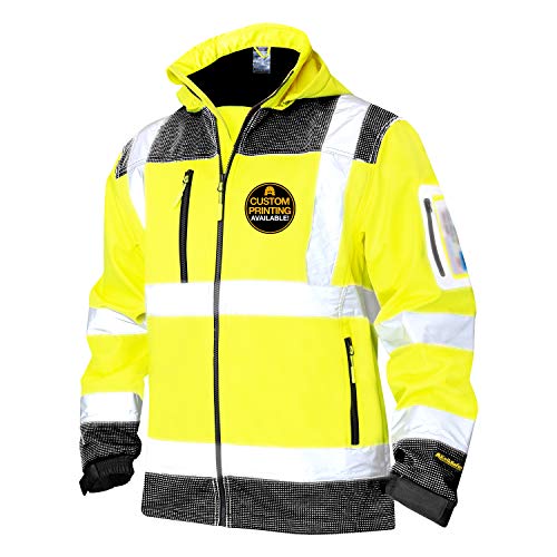 KwikSafety (Charlotte, NC) GALAXY Class 3 SoftShell Safety Jacket | ANSI Water Resistant Lightweight Reflective Hi Vis PPE Detachable Hood | Wind Rain Construction, Men Women Yellow | Medium
