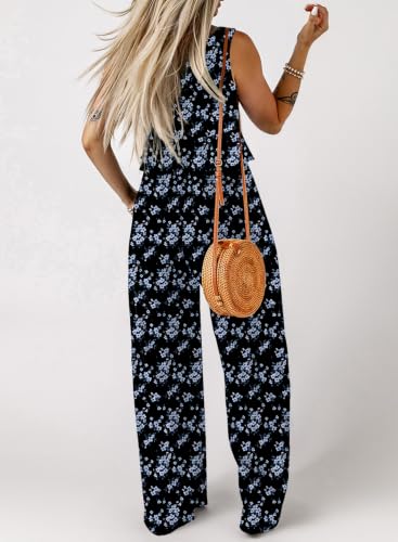 Image of Dokotoo Pants Sets Women 2 Piece Outfits Sleeveless Round Neck Tank Tops Matching Sets for Women Elastic Waist Wide Leg