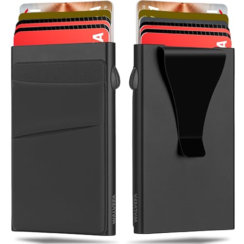 Slim Wallet for Men, Pop Up Card Holder Wallet RFID Blocking, Minimalist Metal Bussiness Credit Card Wallet with Money Clip & Pockets, Aluminum Thin Front Pocket Wallet (Black)