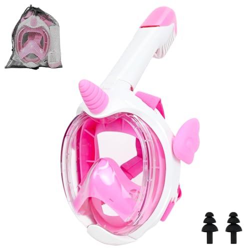 Joellfuner Máscara de Buceo para Niños, Visión de 180 Grados Anti-Vaho Anti-Fuga Mascara Snorkel, Unicornio Mascarilla Facial Completa También para Niños 4-10 Años (Rosa)