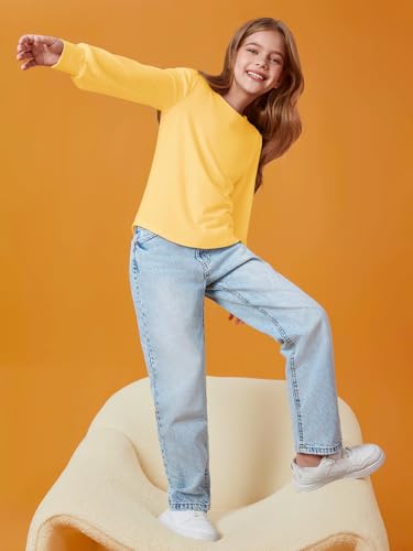 Image of Haloumoning Girls Puff Long Sleeve Shirts Fall Tops 5-14Y | Casual,Solid Color,Crewneck, Soft, Tunic Tops Blouse,Kids Long Sleeve T Shirt,,Fashion Clothes