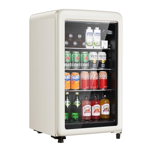 HAILANG+more Retro Beverage Refrigerator, 3.2 Cu.Ft Mini Fridge with Glass Door, Vintage Freestanding Drink Cooler for Office, Bar, Home, Adjustable Shelving, Adjustable Thermostat (White)