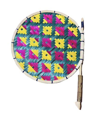 Image of Handmade Bamboo Hand Fan pack of 2 - Traditional Eco-Friendly Pankha for Summer, Colourful Natural Cooling Fan for Home & Pooja inch (2)