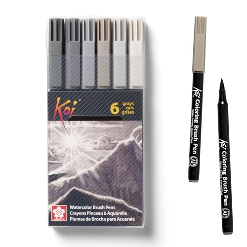SAKURA Koi Coloring Brush Pens - Watercolor Brush Pen Set - Assorted Gray Shades - 6 Pack